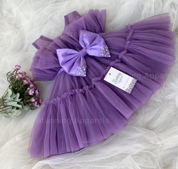 Designer Ruffled Partywear Lavender Frock  - 0-3 Months