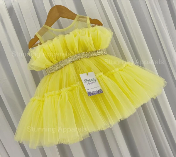 Designer Ruffled Partywear Lemon Yellow Frovk  - 3-6 Month