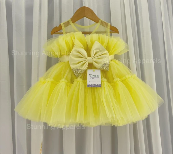 Designer Ruffled Partywear Lemon Yellow Frovk  - 3-6 Month