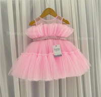 Designer Ruffled Partywear Baby Pink Frock  - 0-3 Months