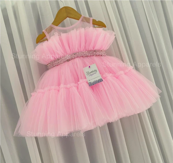 Designer Ruffled Partywear Baby Pink Frock  - 3-6 Month