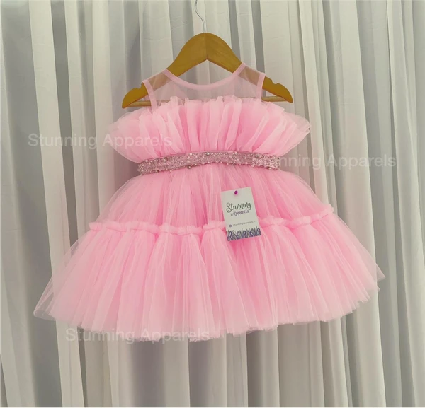 Designer Ruffled Partywear Baby Pink Frock  - 3-6 Month