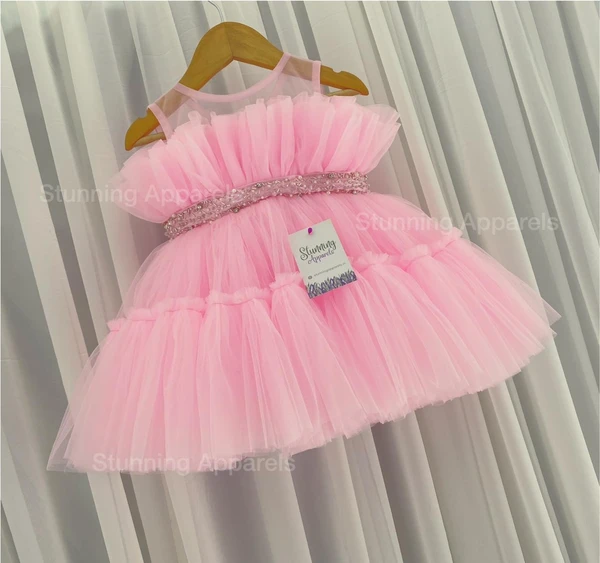 Designer Ruffled Partywear Baby Pink Frock  - 6-9 Month