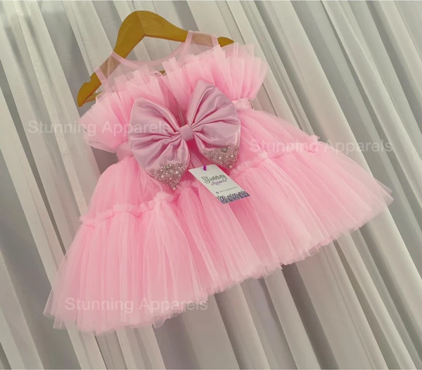 Designer Ruffled Partywear Baby Pink Frock  - 6-9 Month