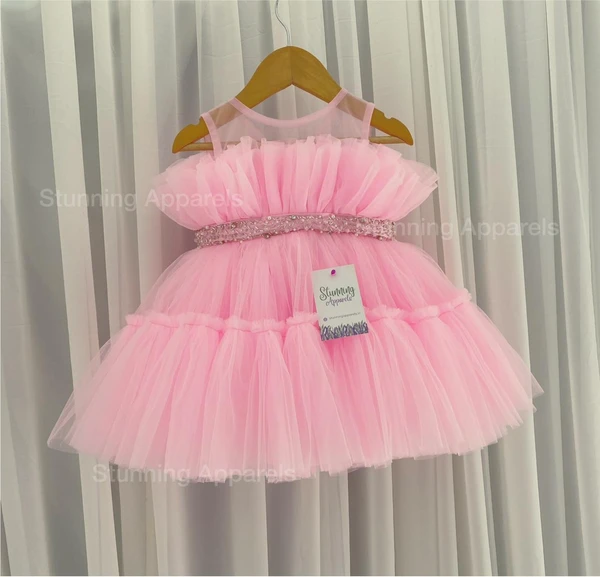 Designer Ruffled Partywear Baby Pink Frock  - 6-9 Month