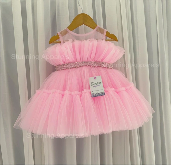 Designer Ruffled Partywear Baby Pink Frock  - 4-5 Years
