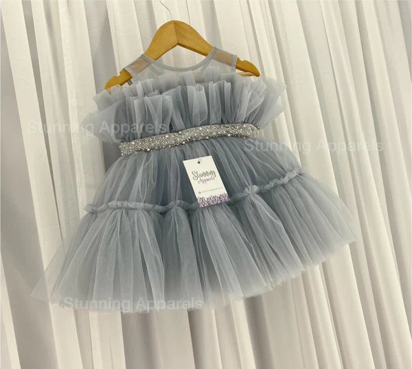 Designer Ruffled Partywear Grey Frock  - 3-6 Month