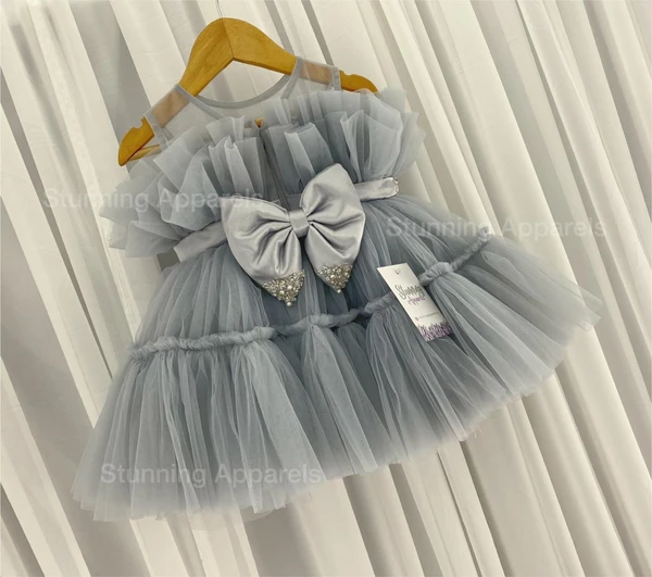 Designer Ruffled Partywear Grey Frock  - 3-6 Month