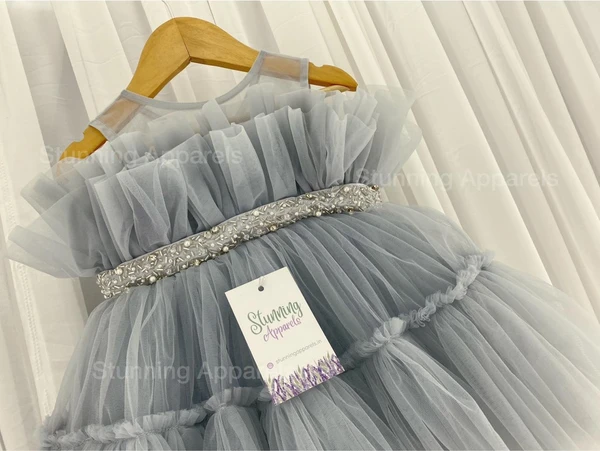 Designer Ruffled Partywear Grey Frock  - 3-6 Month