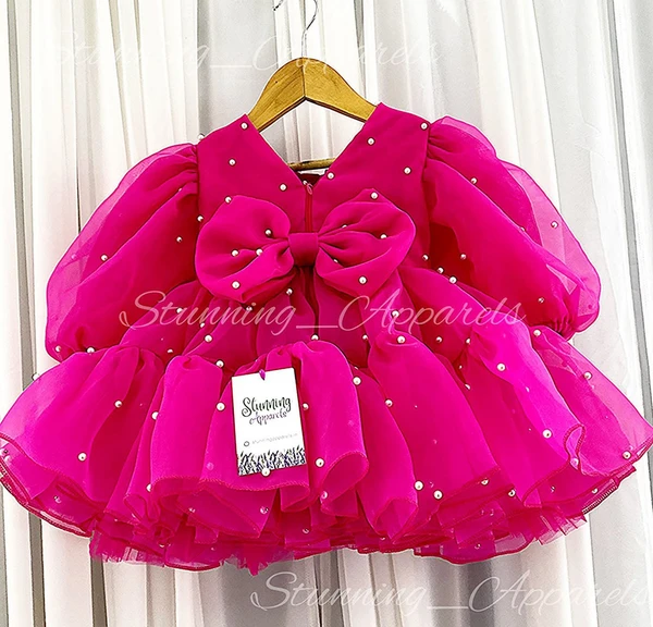 Designer Magenta Long Sleeves Pearls Work Stylish Organza  Frock  - 6-9 Month