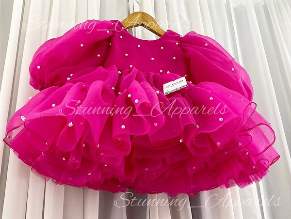 Designer Magenta Long Sleeves Pearls Work Stylish Organza  Frock  - 6-9 Month