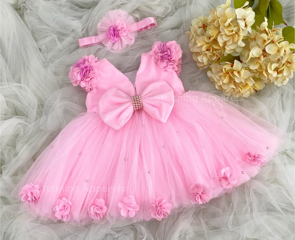 Cape Sleeves Flower Workbaby Pink Frock  - 1-2 Years