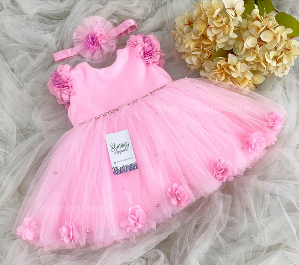 Cape Sleeves Flower Workbaby Pink Frock  - 3-6 Month