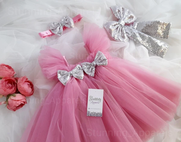 Silver Sequins Bow Partywear  Peach Dress  - 2-3 Years