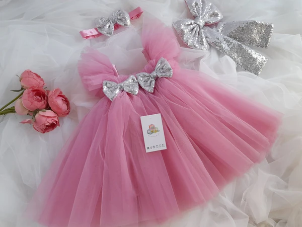 Silver Sequins Bow Partywear  Peach Dress  - 6-9 Month