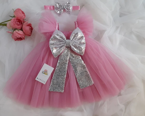 Silver Sequins Bow Partywear  Peach Dress  - 6-9 Month