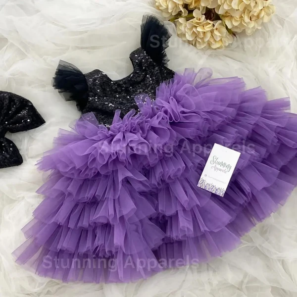 Black Sequins Bow Layer Partywear Lavender Frock  - 3-6 Month