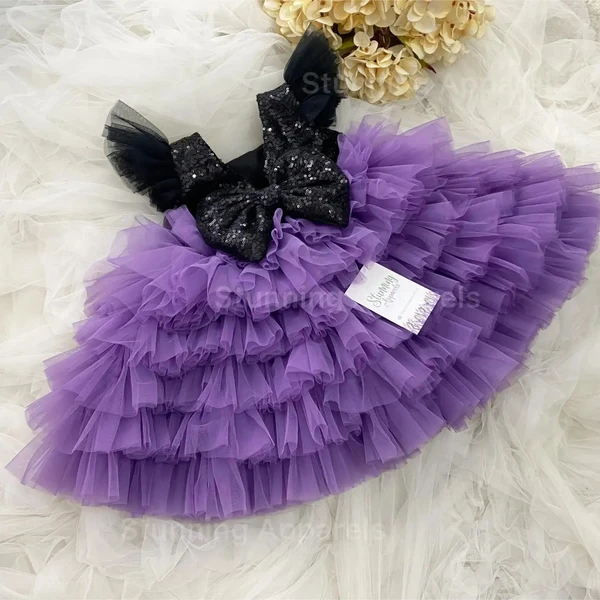 Black Sequins Bow Layer Partywear Lavender Frock  - 3-6 Month