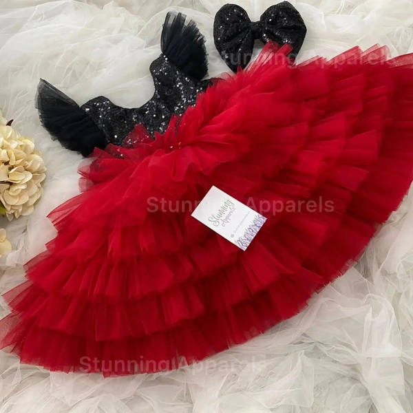 Black Sequins Bow Layer Partywear Red Frock  - 0-3 Months