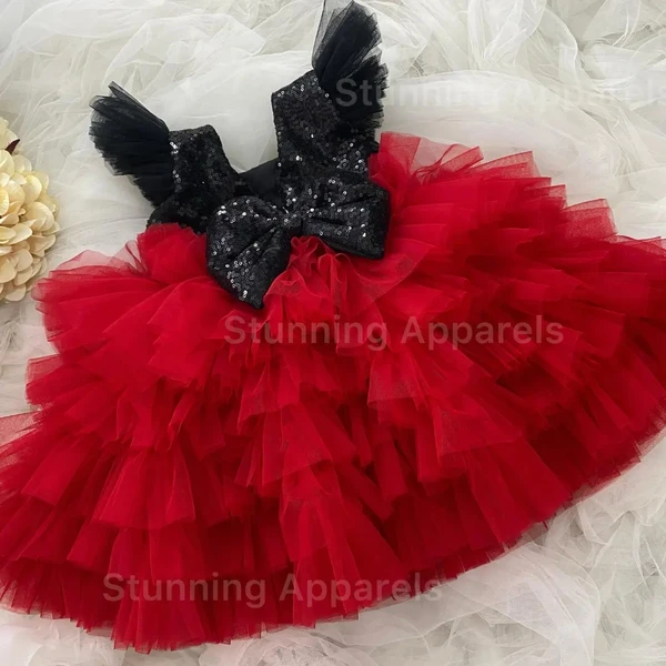 Black Sequins Bow Layer Partywear Red Frock  - 3-6 Month