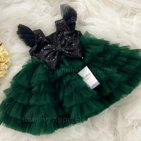 Black Sequins Bow Layer Partywear Green Frock  - 0-3 Months