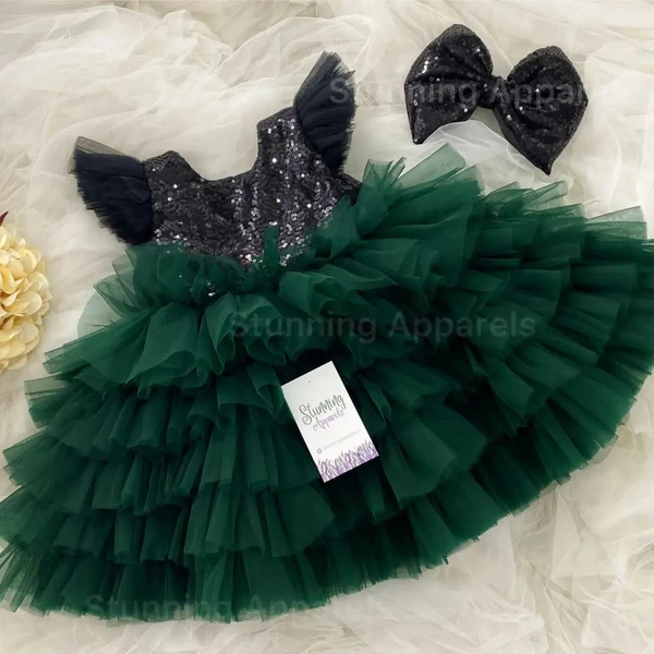 Black Sequins Bow Layer Partywear Green Frock  - 9-12 Month