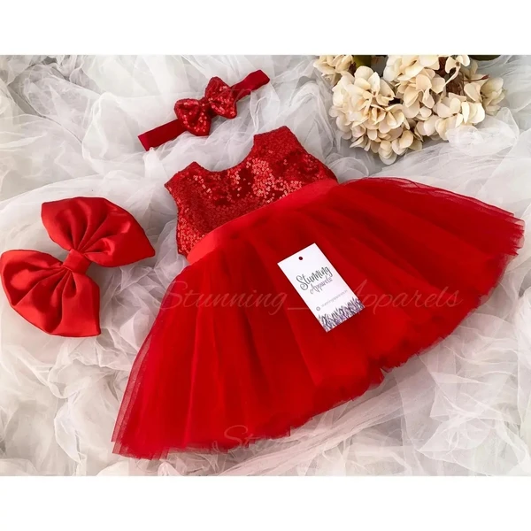 Red Sequins Bow Partywear Red Frock - 0-3 Months