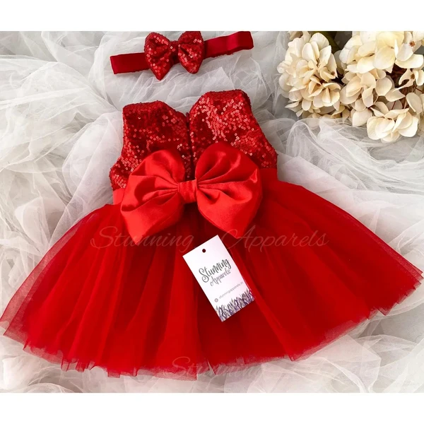 Red Sequins Bow Partywear Red Frock - 0-3 Months