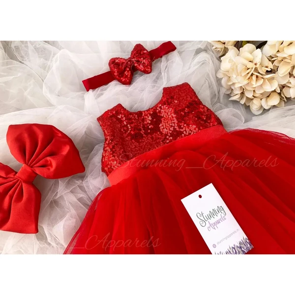 Red Sequins Bow Partywear Red Frock - 3-4 Years