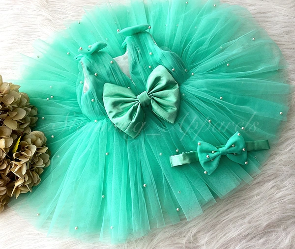 Pearls Work Sea Green Frock  - 6-9 Month