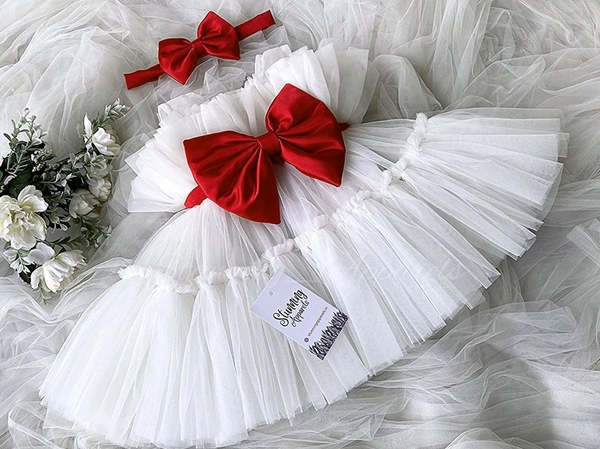 Red Satin Bow Ruffled Partywear White Frock  - 0-3 Months