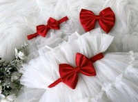 Red Satin Bow Ruffled Partywear White Frock  - 0-3 Months