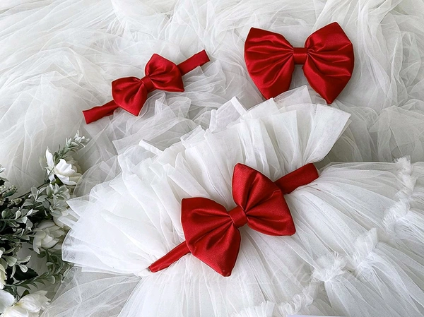 Red Satin Bow Ruffled Partywear White Frock  - 0-3 Months