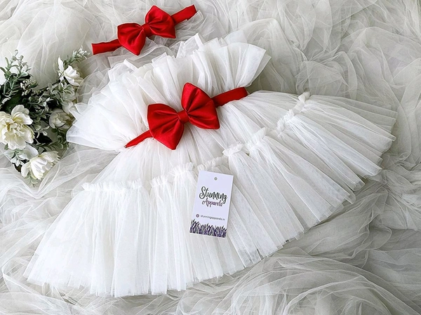 Red Satin Bow Ruffled Partywear White Frock  - 0-3 Months