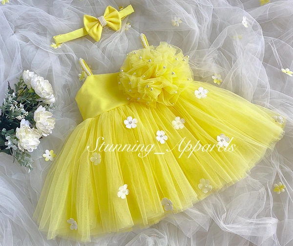 Flower Work Strapped Yellow Partywear Frock  - 0-3 Months