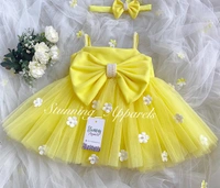 Flower Work Strapped Yellow Partywear Frock  - 0-3 Months