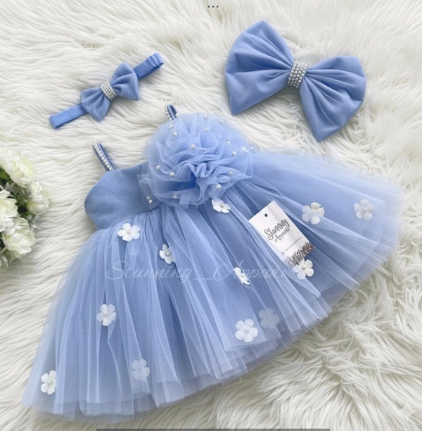 White Flower Work Paste Blue Strapped Frock  - 6-9 Month