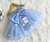 White Flower Work Paste Blue Strapped Frock  - 6-9 Month