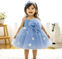 White Flower Work Paste Blue Strapped Frock  - 6-9 Month