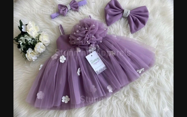 White Flower Strapped Partywear Lilac Dress  - 3-6 Month