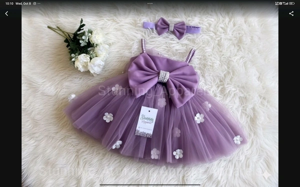 White Flower Strapped Partywear Lilac Dress  - 3-6 Month