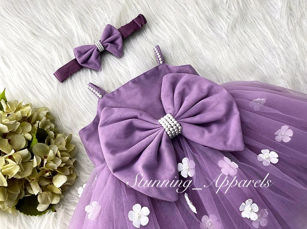 White Flower Strapped Partywear Lilac Dress  - 3-6 Month