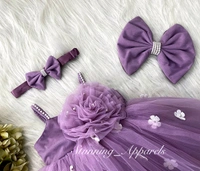 White Flower Strapped Partywear Lilac Dress  - 3-6 Month