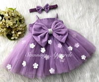 White Flower Strapped Partywear Lilac Dress  - 3-6 Month
