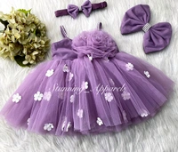 White Flower Strapped Partywear Lilac Dress  - 6-9 Month