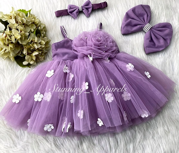 White Flower Strapped Partywear Lilac Dress  - 6-9 Month