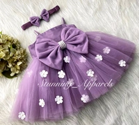White Flower Strapped Partywear Lilac Dress  - 4-5 Years