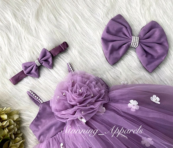 White Flower Strapped Partywear Lilac Dress  - 4-5 Years