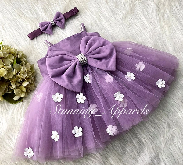 White Flower Strapped Partywear Lilac Dress  - 5-6years