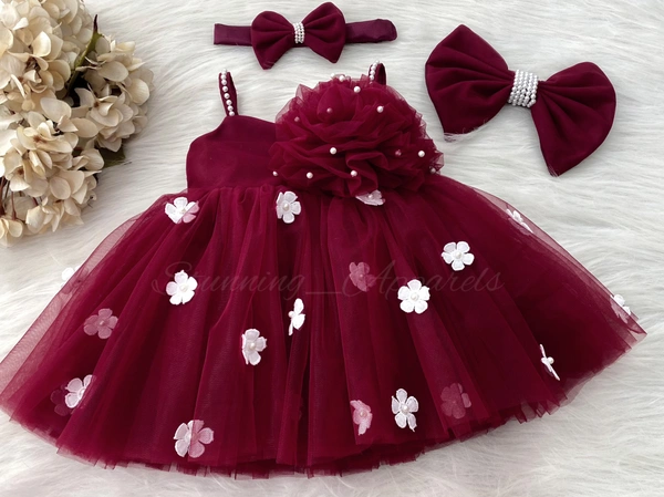 White Flowers Ruby Red  Partywear Dress - 0-3 Months